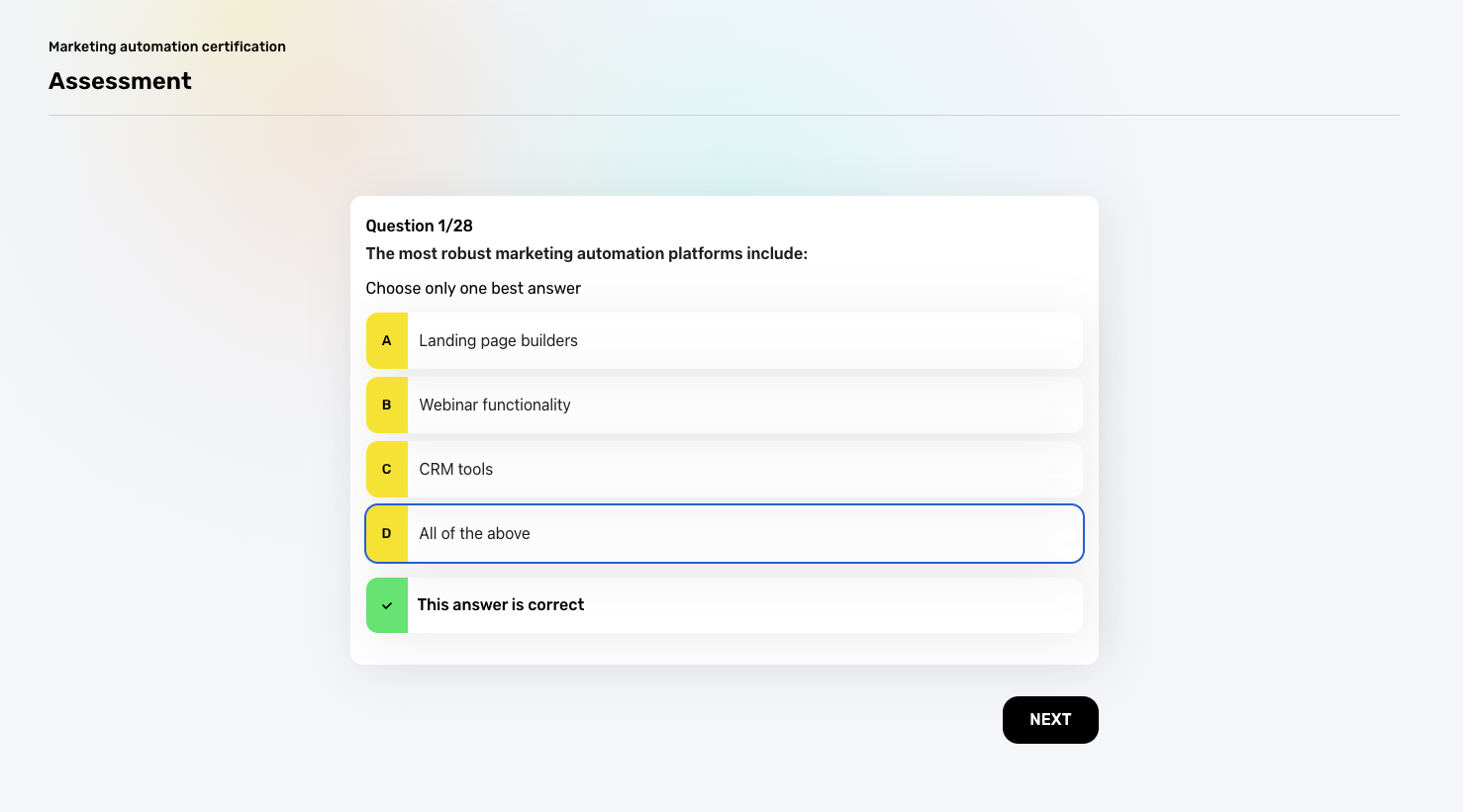 Marketing automation certification assessment featuring a short quiz